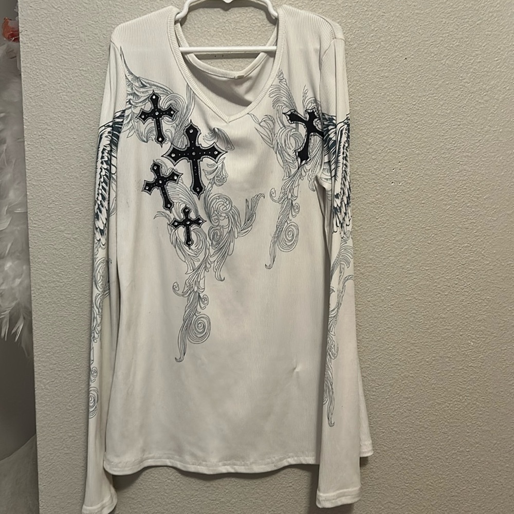 Y2k long sleeve white, with light blue greyish wings